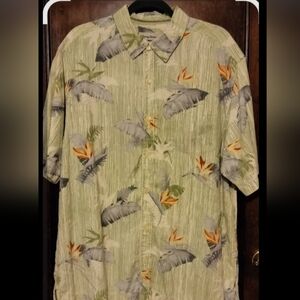 Tommy Bahama Light Green Hawaiian Shirt with Gray and Orange Floral Print